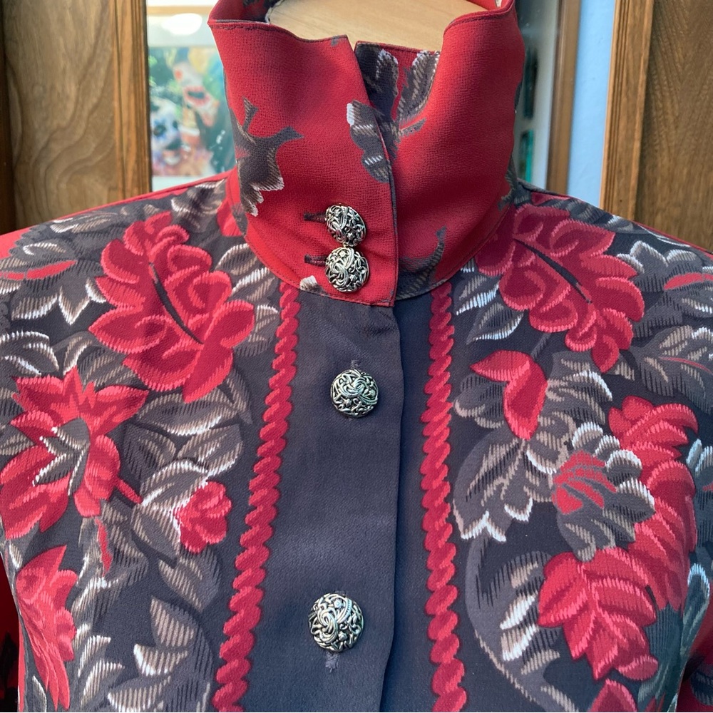 Floral Red and Gray Women's Blouse - Picture 6 of 8
